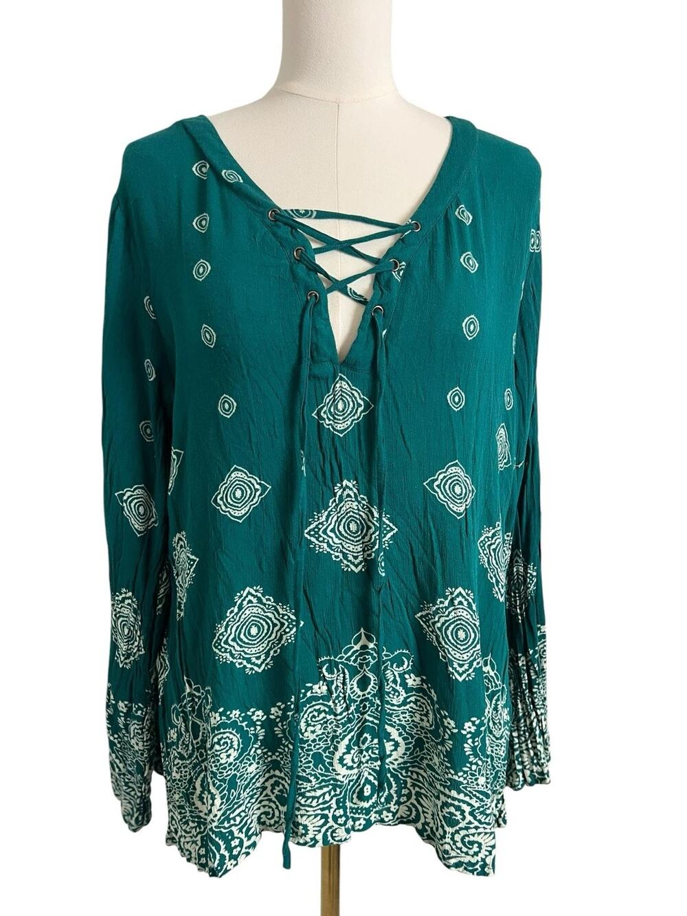 JW Styles Green Paisley Lace Up Peasant Blouse Boho Festival Top Large